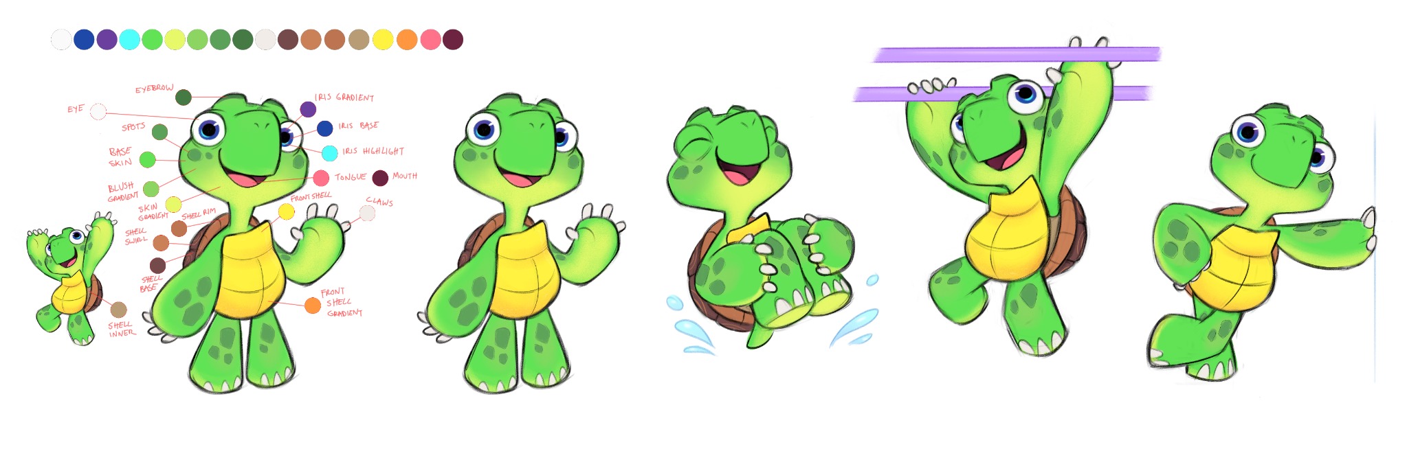 Turtle character concept art showing color palette, annotated design details, and multiple action poses